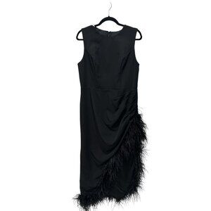 IEENA Mac Duggal Women Black Sleeveless Faux Wrap Dress with Feather Detail Dres